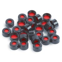 Short Screw Caps, Polypropylene, Screw-Thread, PTFE/Silicone/PTFE Septa, Black, Preassembled, 2.0 mL, 9 mm, 100-pk.